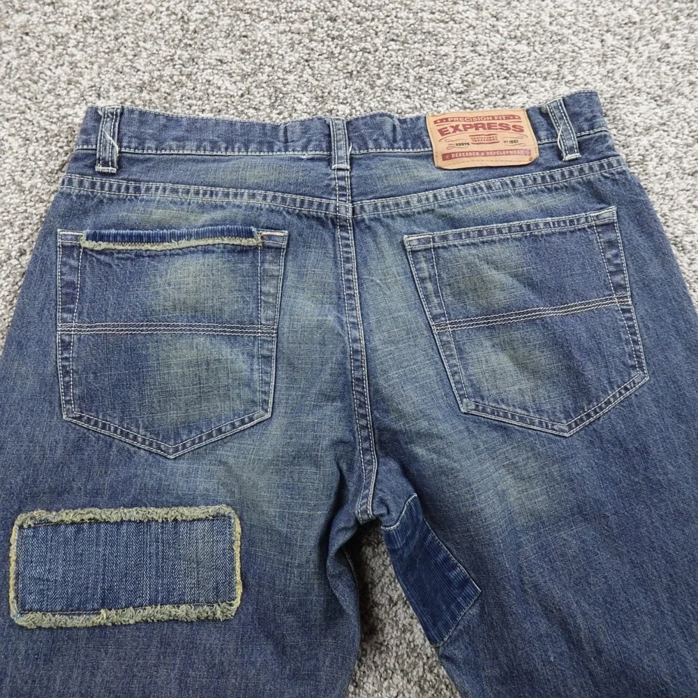 Express Jeans Mens 30X32 Dark Blue Denim Pants Patchwork Boot Button Fly Western